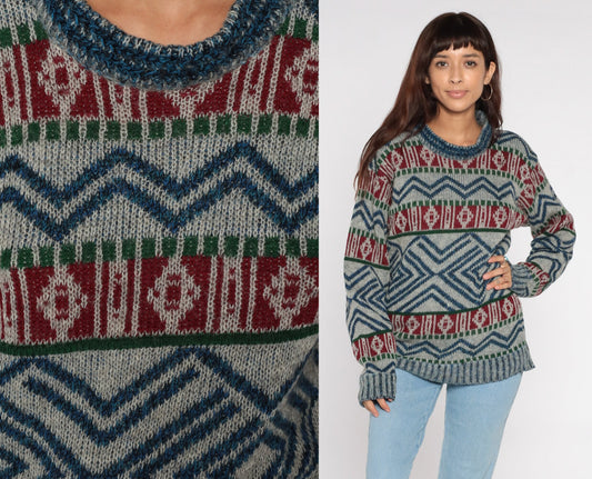 80s Geometric Wool Knit Sweater Grey Blue Red Striped Abstract Small Medium