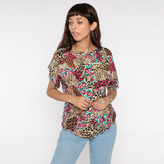 90s Leopard Floral Print Button-Up Blouse Short Sleeve Medium