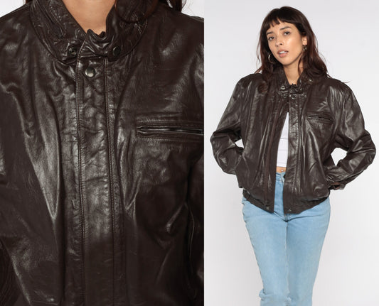 80s Brown Leather Moto Jacket Zip Collared Motorcycle Coat Large