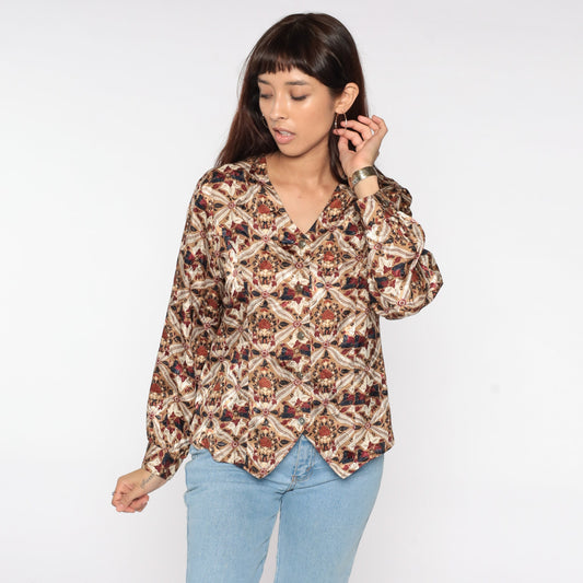 90s Geometric Floral Button Up Blouse Tan Long Sleeve Large