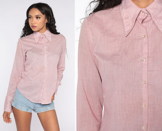 70s Checkered Cotton Shirt Dagger Collar Long Sleeve Blouse Small