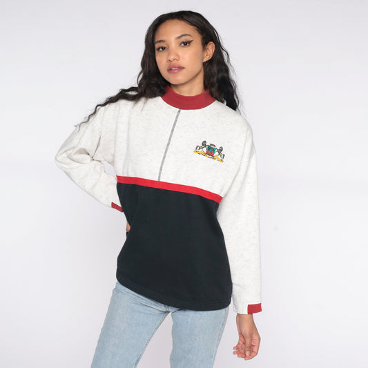 90s Horse Crest Colour Block Sweatshirt Grey Black Mock Neck Medium Large