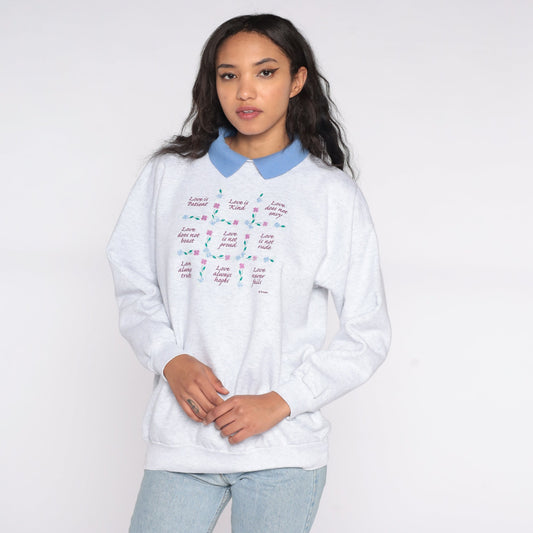 00s Love Is Kind Bible Verse Sweatshirt Grey Collared Graphic Large L