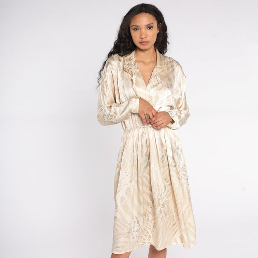 80s Leslie Fay Wrap Dress Geometric Print Midi Dolman Sleeve Deep V Small