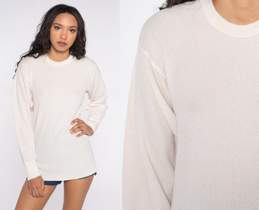 80s Off-White Waffle Knit Thermal Long Sleeve Shirt Extra Large XL