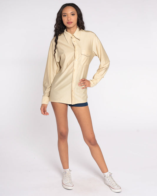 70s JC Penney Champagne Dagger Collar Button-Up Shirt Long Sleeve Medium