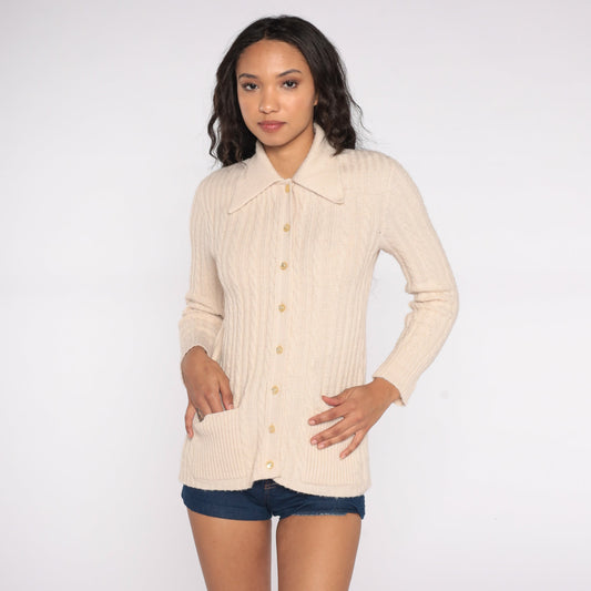 70s Cream Cable Knit Cardigan Dagger Collar Button Up Small