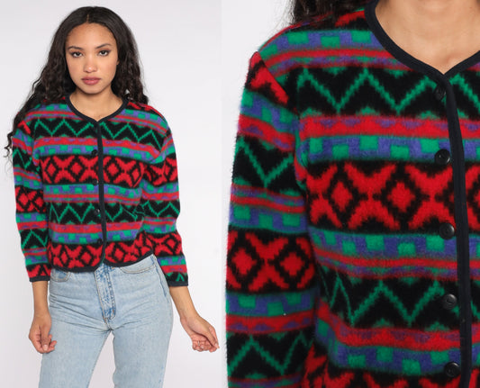 90s Southwestern Fleece Jacket Geometric Button Up Red Blue Green Small