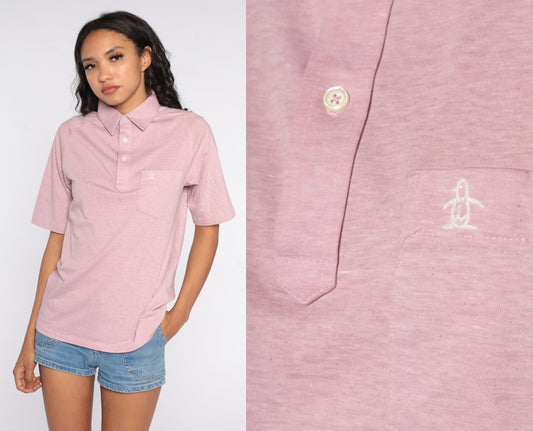 80s Munsingwear Penguin Polo Shirt Lavender Half-Button Cotton Small