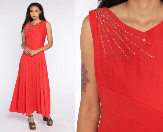70s Red Rhinestone Maxi Dress Grecian Sleeveless Party Gown Large L