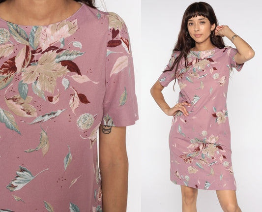 80s Purple Floral Puff Sleeve Dress Knee-Length Small Medium