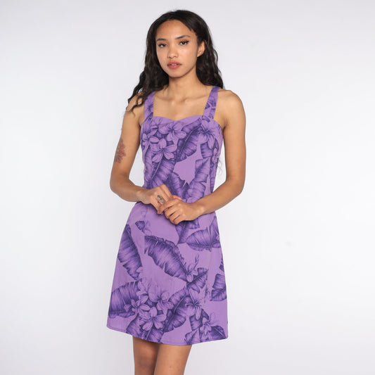 80s Purple Floral Tropical Mini Sundress Sweetheart Neckline Extra Small