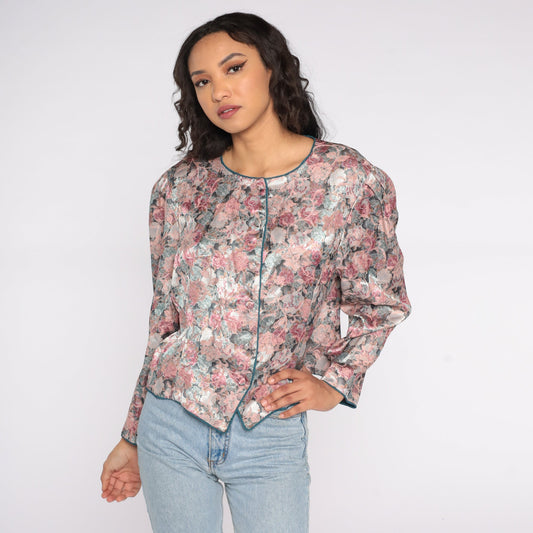 80s Tapestry Floral Button-Up Blouse Pink Puff Sleeve Shirt Large