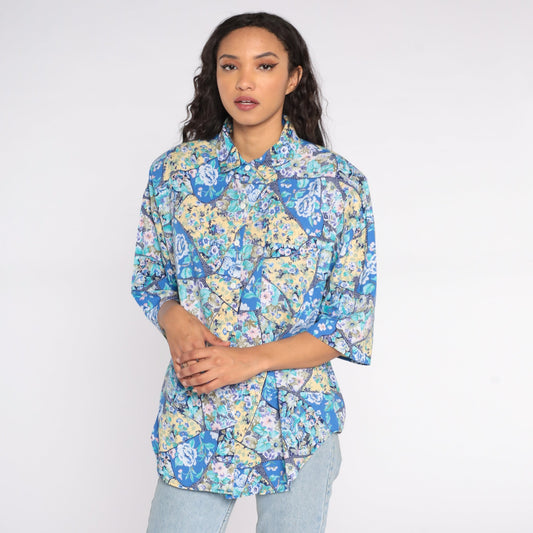 80s Floral Button-Up Blouse Blue Yellow Short Sleeve Shoulder Pads Plus Size 18W