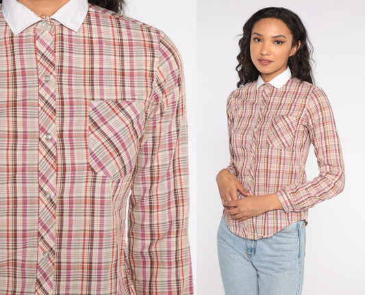 80s Western Plaid Button Up Blouse Purple Red Yellow Checkered Cowgirl Shirt Extra Small XS