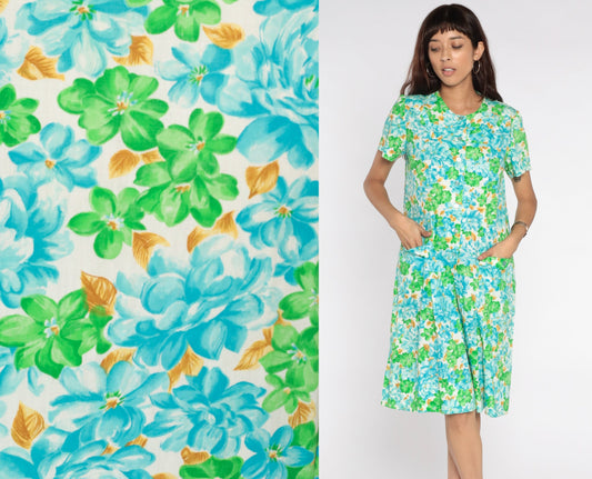 60s Floral Print Button-Up Dress White Blue Green Knee-Length Medium