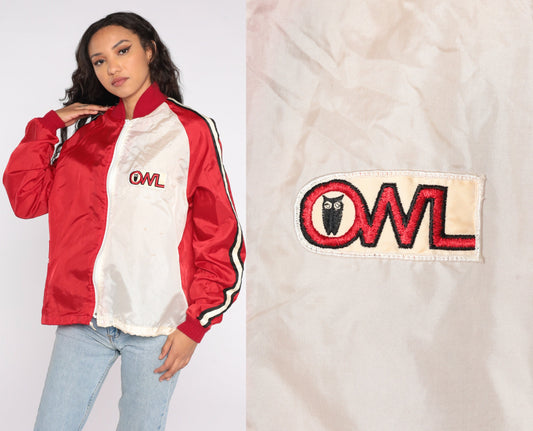 70s Red White Colour Block Windbreaker Jacket Owl Patch Zip Nylon Extra Large
