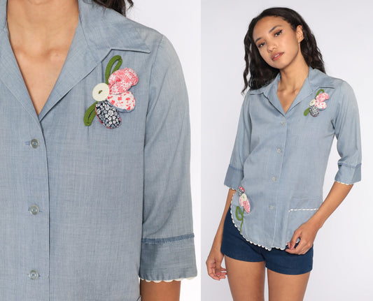 70s Blue Chambray Shirt Floral Applique Button Up Cotton Medium