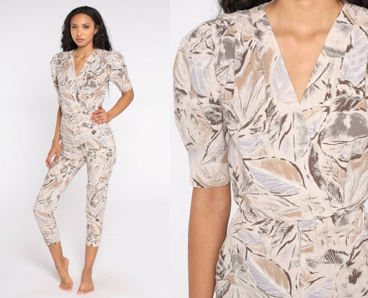 80s Tropical Leaf Print Jumpsuit Puff Sleeve Wrap Bodice Tan Extra Small