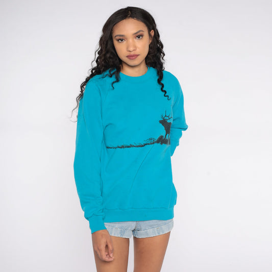 80s Utah Elk Graphic Raglan Sweatshirt Blue Jerzees Medium Large