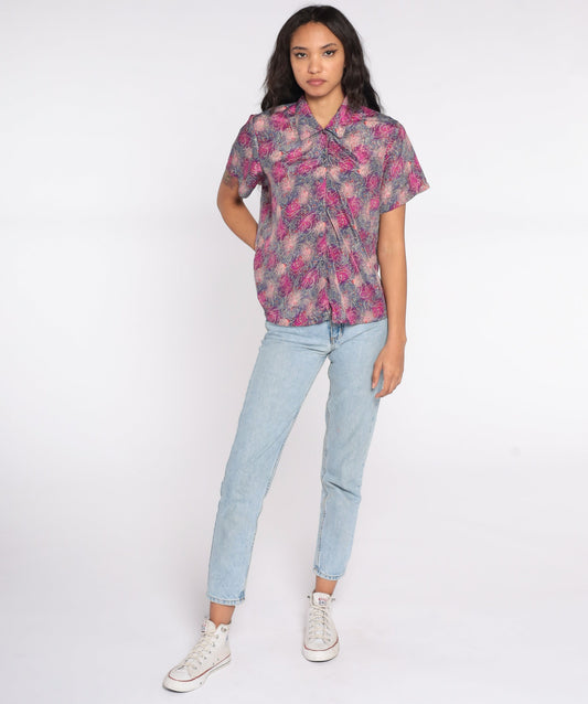 80s Abstract Print Button Up Shirt Purple Pink Psychedelic Short Sleeve Large