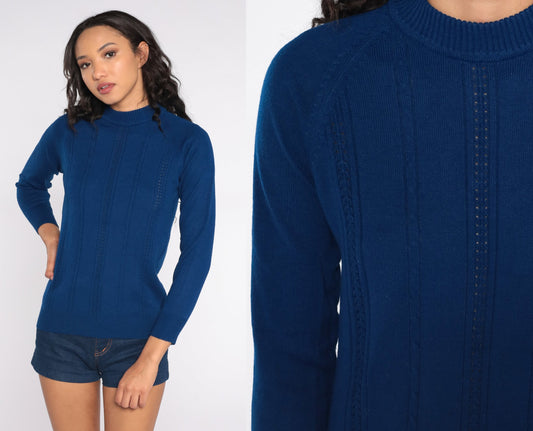 70s Navy Cable Knit Mock Neck Sweater Pullover Small S