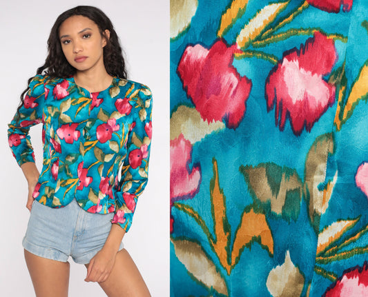 80s Blue Floral Silk Button-Up Blouse Puff Sleeve Medium