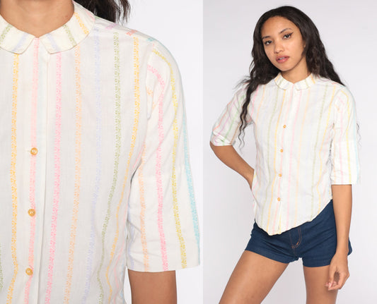 60s Rainbow Striped Button-Up Blouse Cotton Shirt White Collar Extra Small