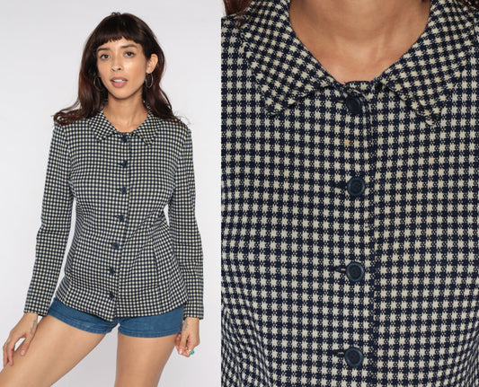 60s Navy Plaid Wool Blazer Jacket Mod Checkered Small