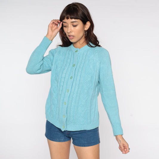 70s Cable Knit Cardigan Baby Blue Button-Up Raglan Sweater Large