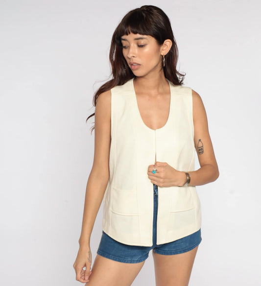 70s Cream Open Front Sleeveless Vest Large L
