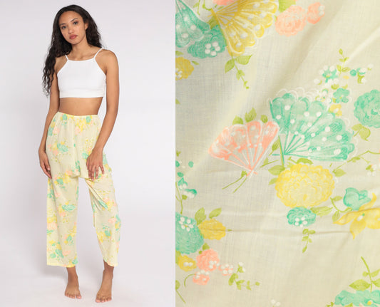 70s Yellow Floral Wide Leg Pants Butterfly Print High Waist Small Medium