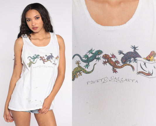 90s Puerto Vallarta Gecko Tank Top White Graphic Sleeveless Shirt Large