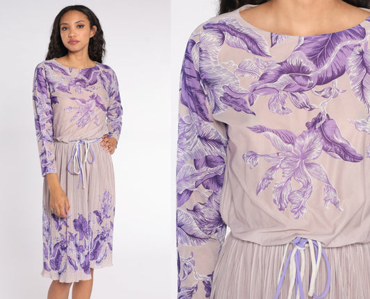 70s Lavender Floral Midi Dress High Waist Pleated Long Sleeve Small Medium
