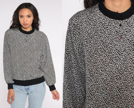 80s Leopard Print Henley Shirt Black White Animal Print Medium