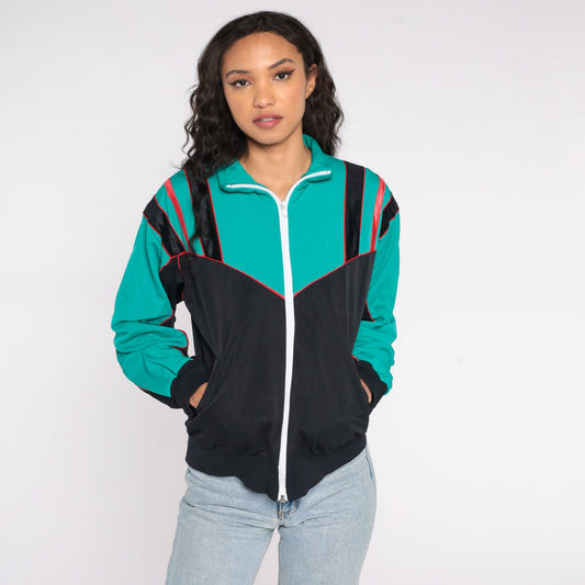 80s Track Jacket Zip-Up Sweatshirt Black Teal Colour Block Medium