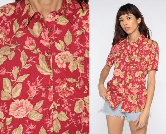 90s Red Floral Rayon Button-Up Blouse Short Sleeve Small
