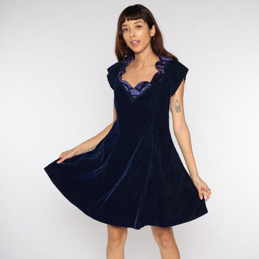 80s Navy Velvet Mini Dress Purple Ruffle Collar Cap Sleeve Medium