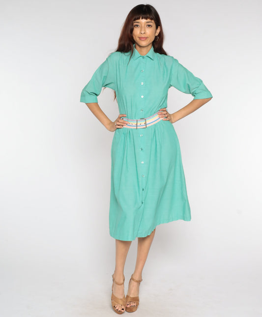 80s Green Shirtwaist Midi Dress High Waist Button Up 3/4 Sleeve Medium Petite