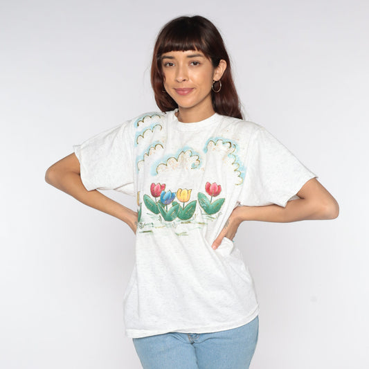 90s Glitter Tulip Floral T-Shirt Cotton Graphic Tee Medium M