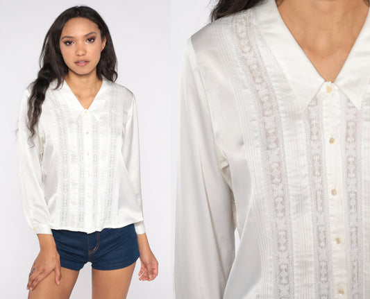 80s White Satin Blouse Lace Trim Chelsea Collar Button Up Small