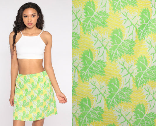 70s Yellow Leaf Print Mini Skirt High Waist Pocket Small
