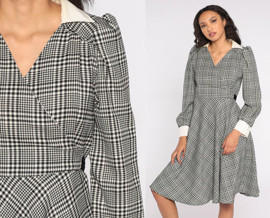 70s Black White Plaid Midi Dress Puff Sleeve Collar Tie Back Medium