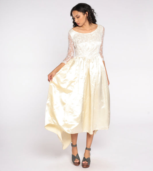 1960s Cream Lace Wedding Dress Basque Waist Maxi Small