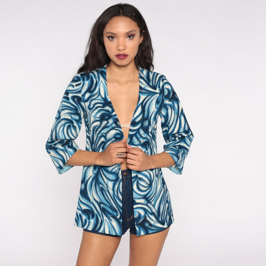 70s Blue Swirl Print Open Front Jacket Small