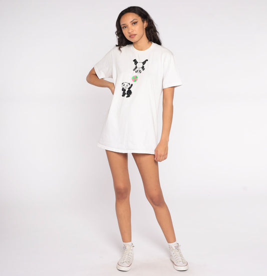 90s Panda Bear Graphic T-Shirt White Animal Print Tee Medium Large