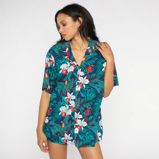 80s Hawaiian Shirt Blue Tropical Floral Parrot Print Cotton Button-Up Large L