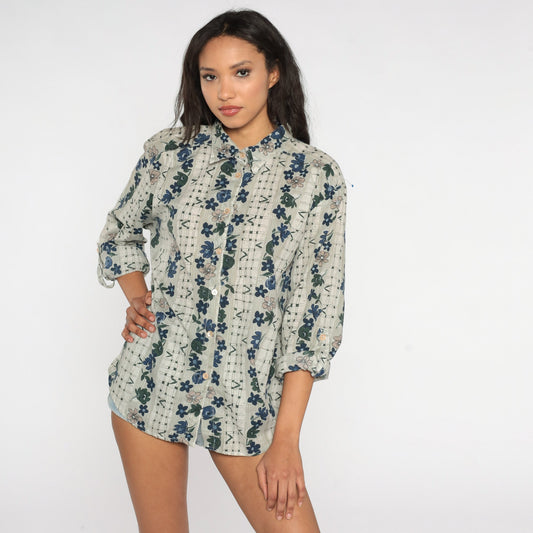 90s Floral Checkered Button-Up Blouse Grey Cuffed Sleeve Large L