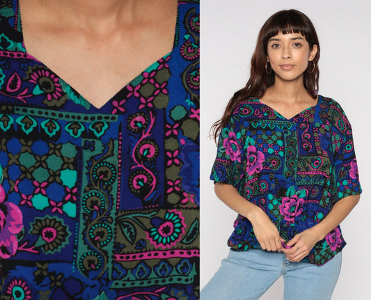 90s Geometric Floral Print Blouse Short Sleeve V-Neck Multicolor Large