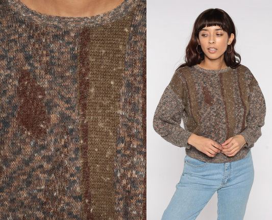 80s Brown Striped Wool Blend Crewneck Sweater Pullover Medium M